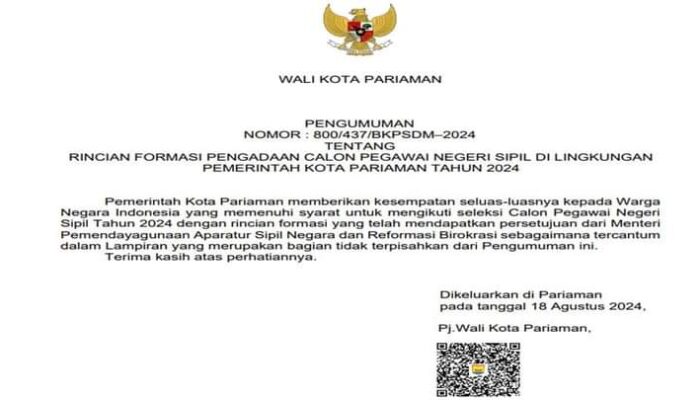 Pendaftaran Dibuka! Pemko Pariaman Terima 178 Formasi CPNS Tahun Ini