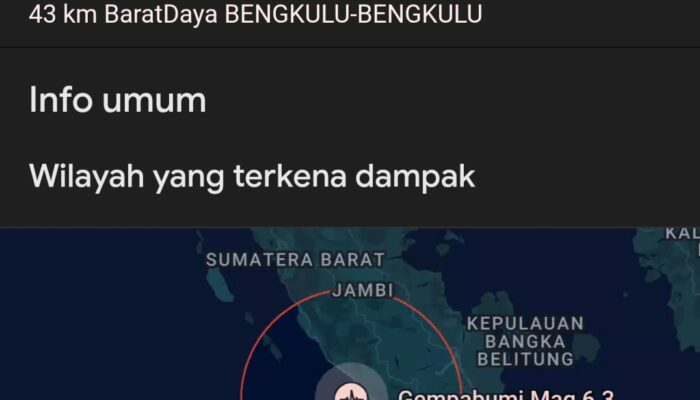 Gempa 6,3 M Guncang Bengkulu, Getaran Kuat Tersasa Hingga Lubuk Linggau