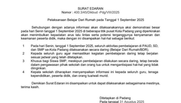 PENGUMUMAN: Demonstrasi 1 September, Sekolah di Padang Libur, Kecuali SMA/SMK!