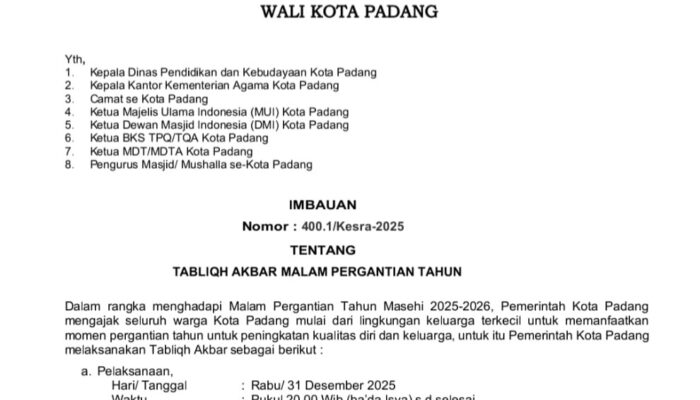 Imbauan untuk Satgas Smart Surau, Berikut Teknis Kegiatan Tabligh Akbar Tahun Baru di Padang